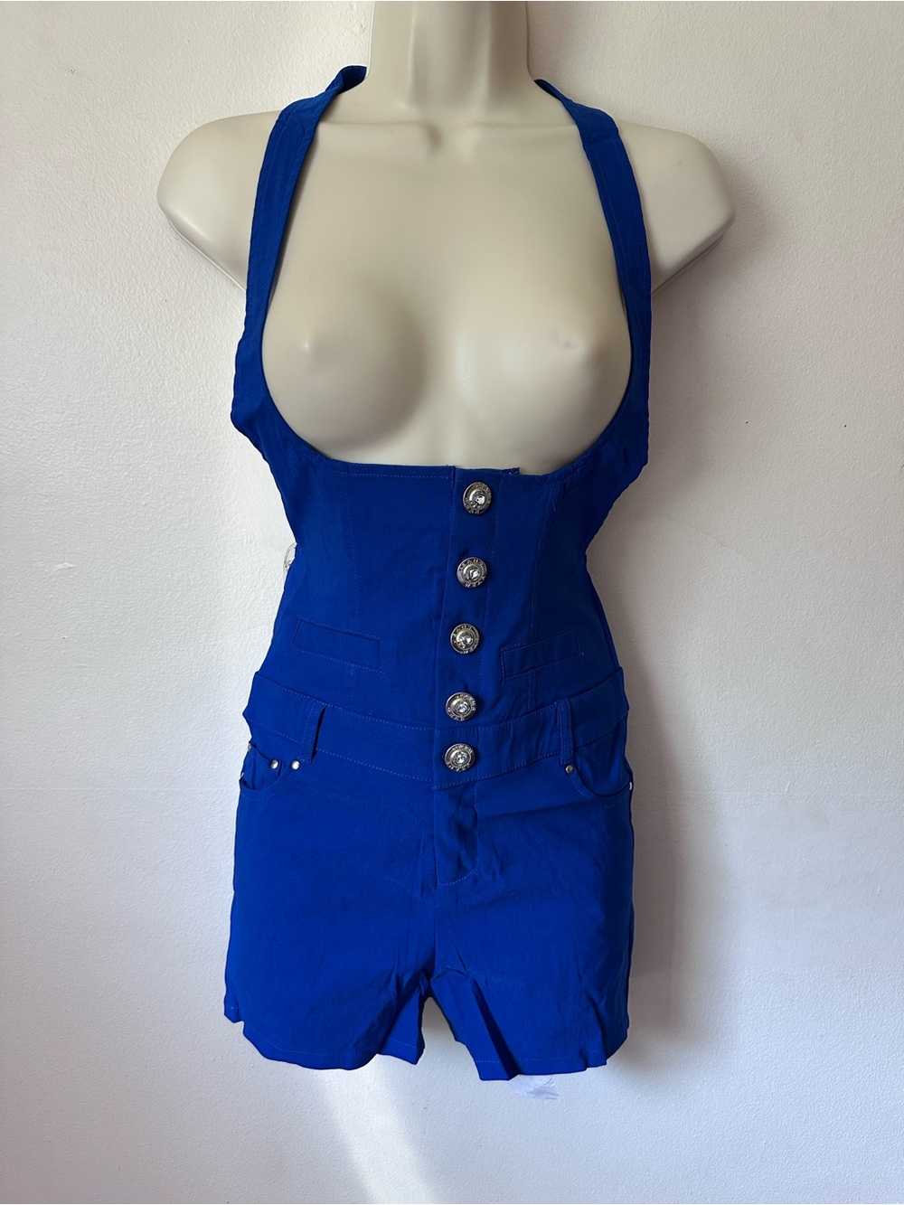 Royal Blue Halter Short Romper with Button Front